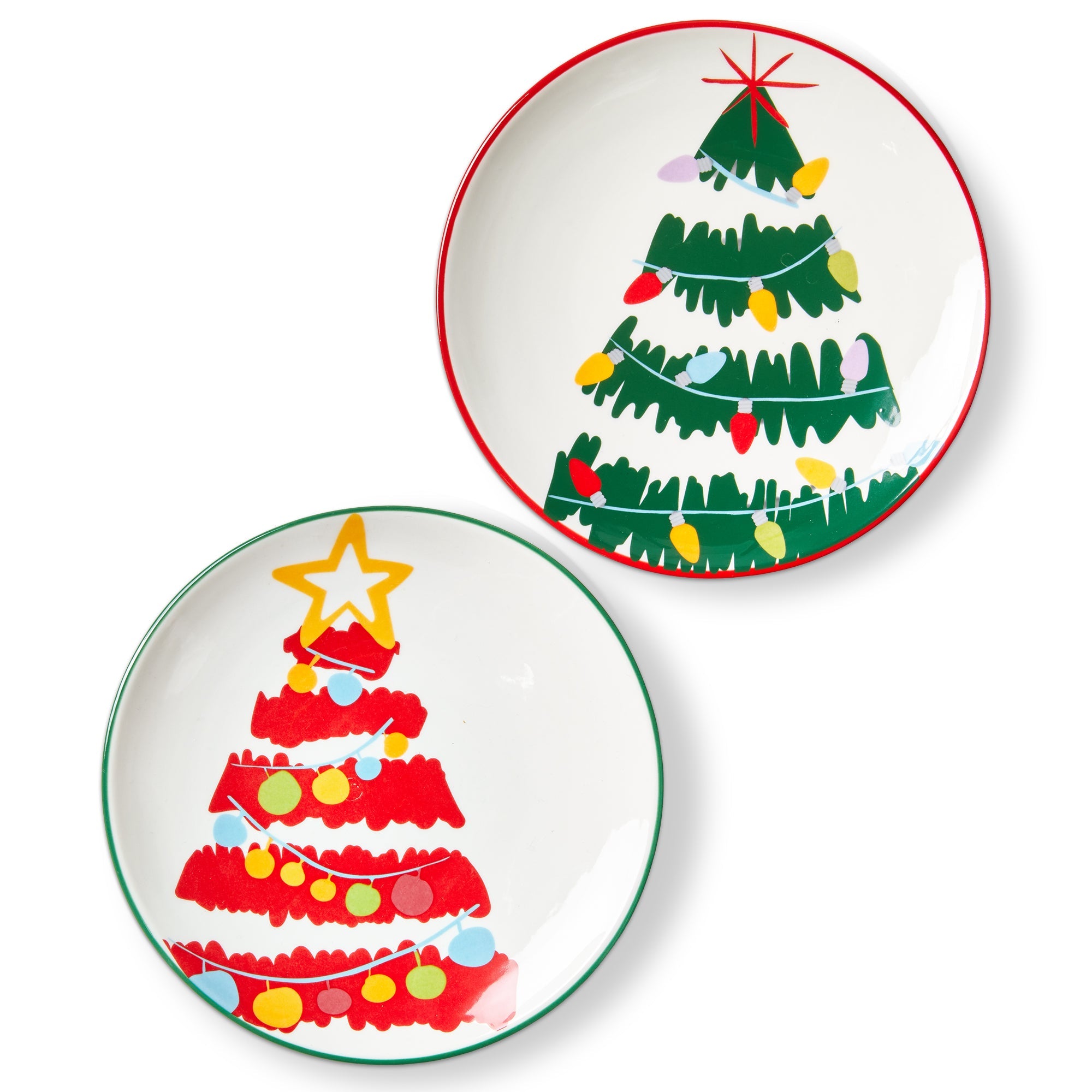 Two Christmas tree appetizer plates showing both styles, one green tree and one red tree design