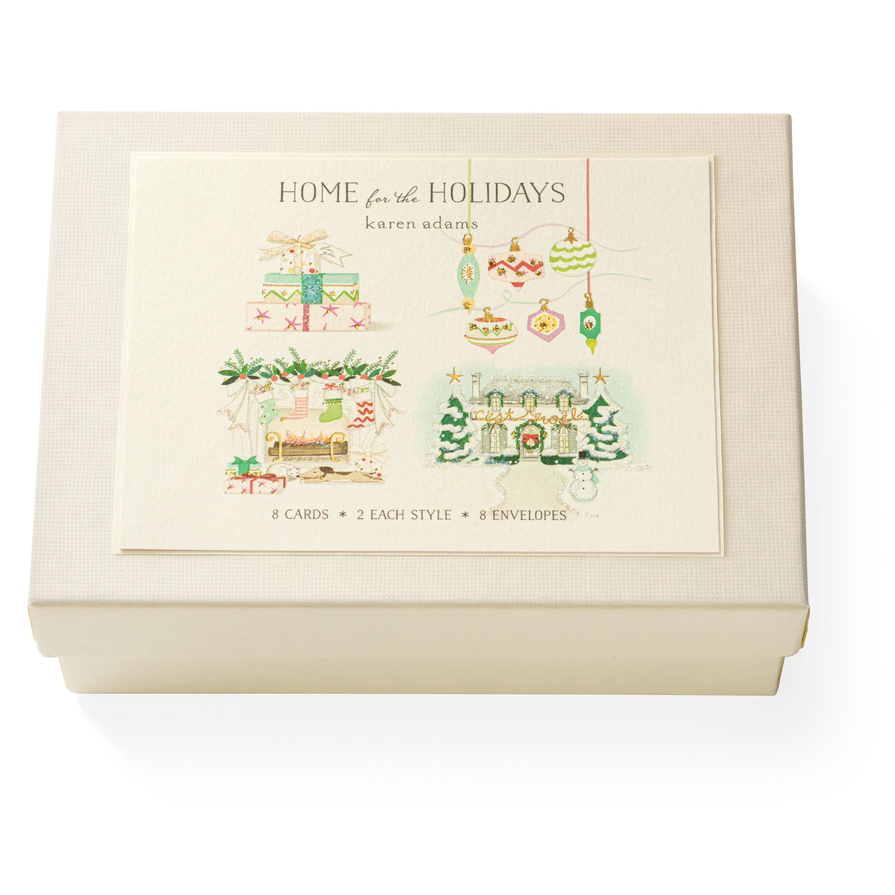 Karen Adams Home for the Holidays note card box set with illustrated holiday designs on cream background