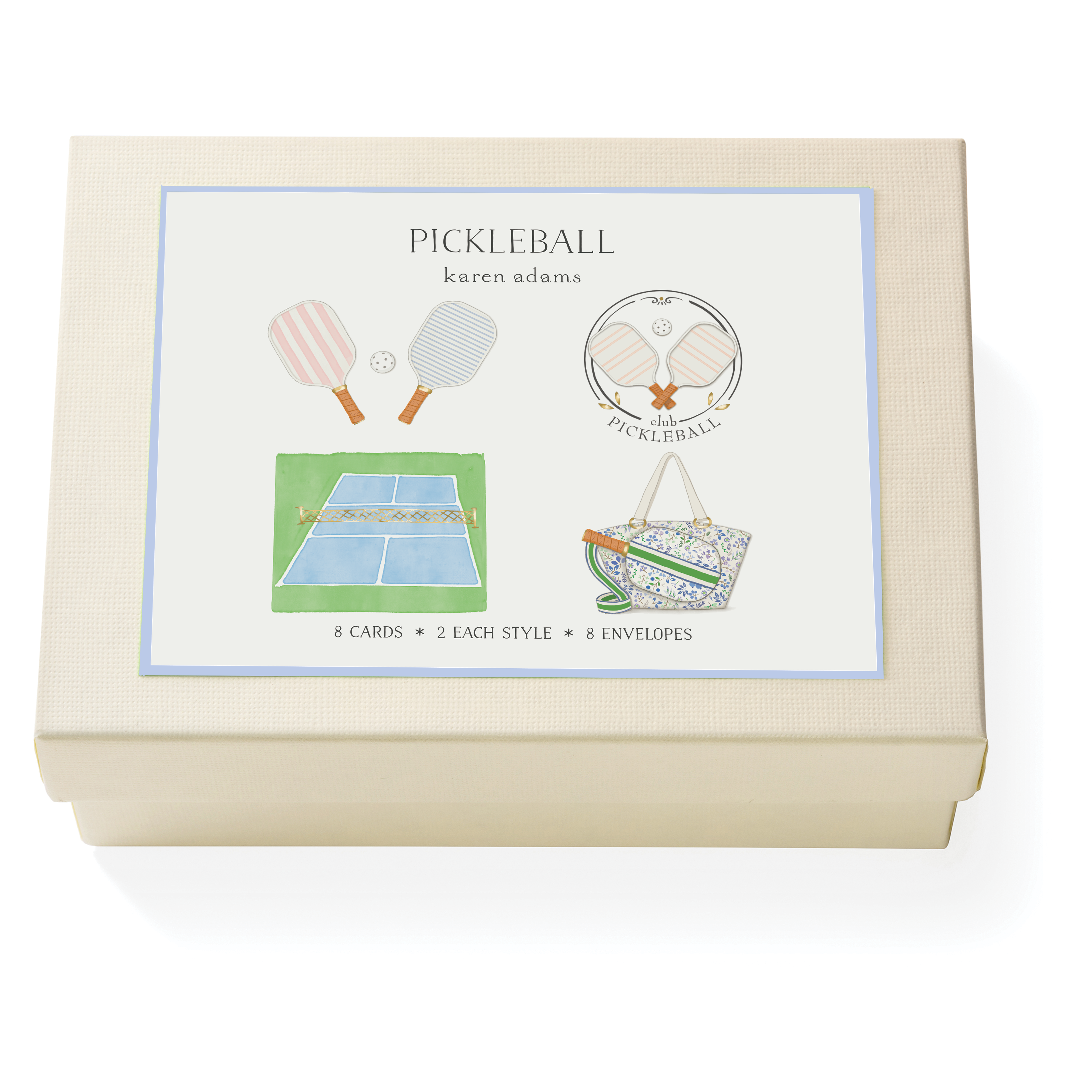 Karen Adams Designs Pickleball note card box set with illustrated paddles, court, and bag designs