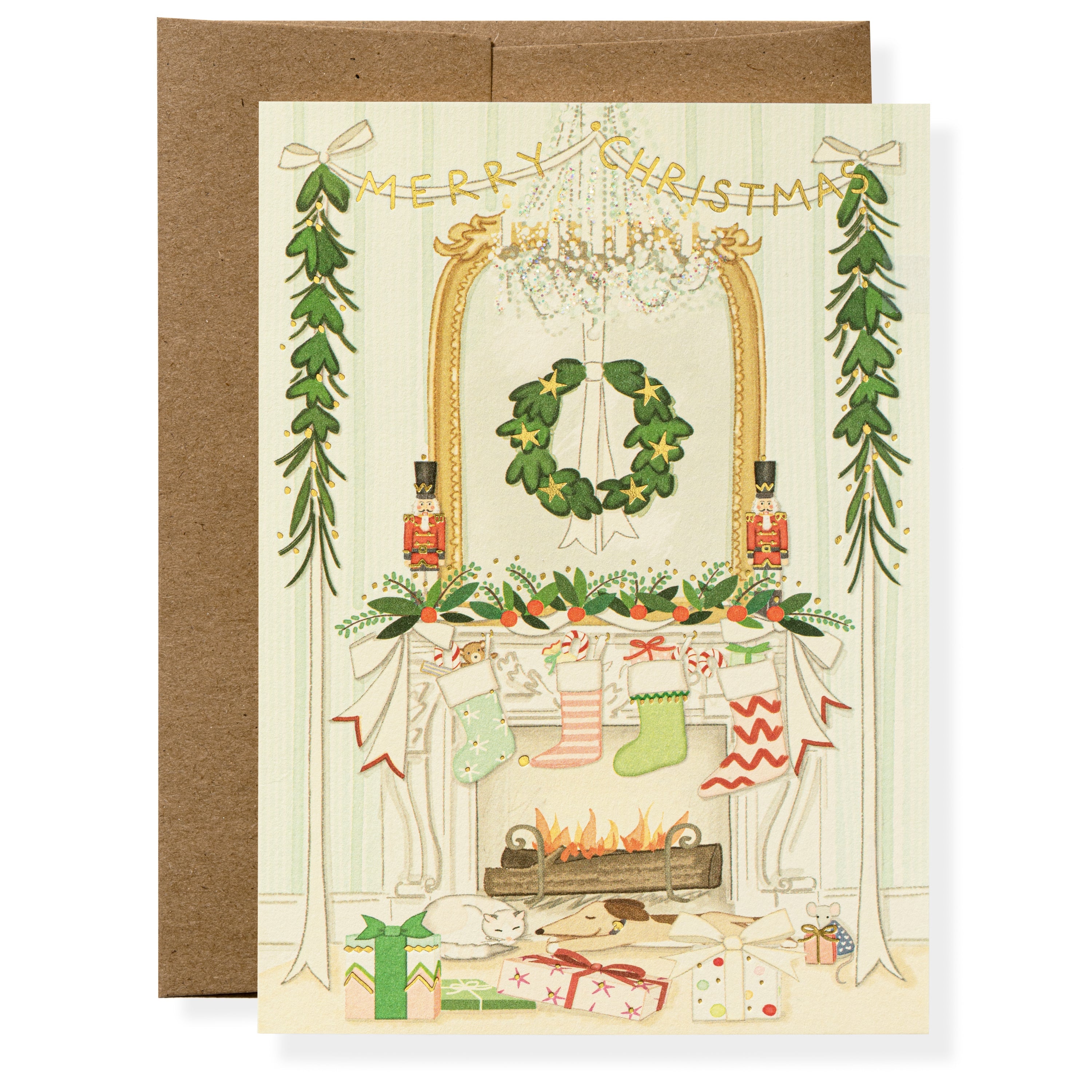 Karen Adams Designs Holiday by the Fire Christmas greeting card with fireplace scene and kraft envelope