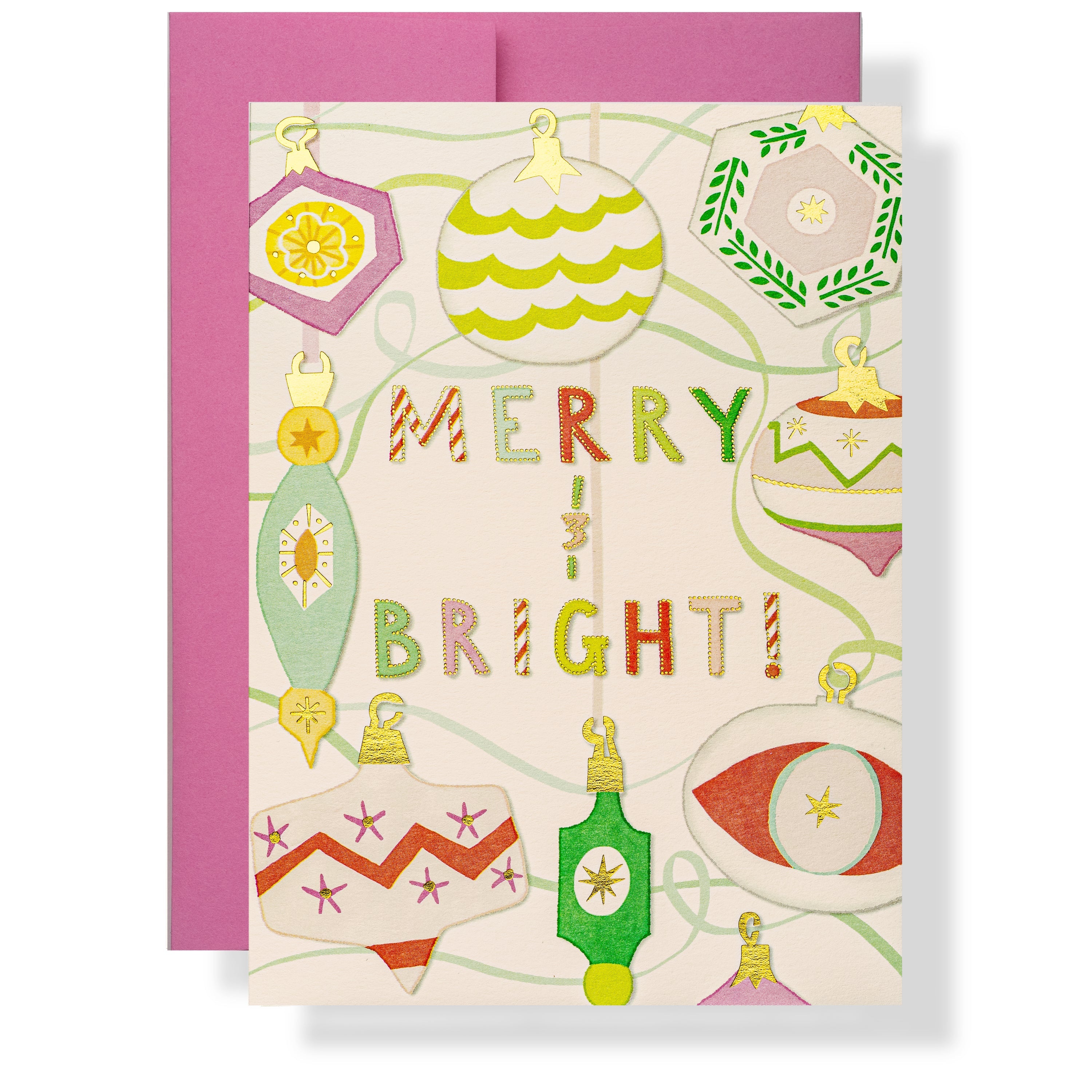 Merry and Bright greeting card with colorful vintage ornaments and pink envelope by Karen Adams Designs