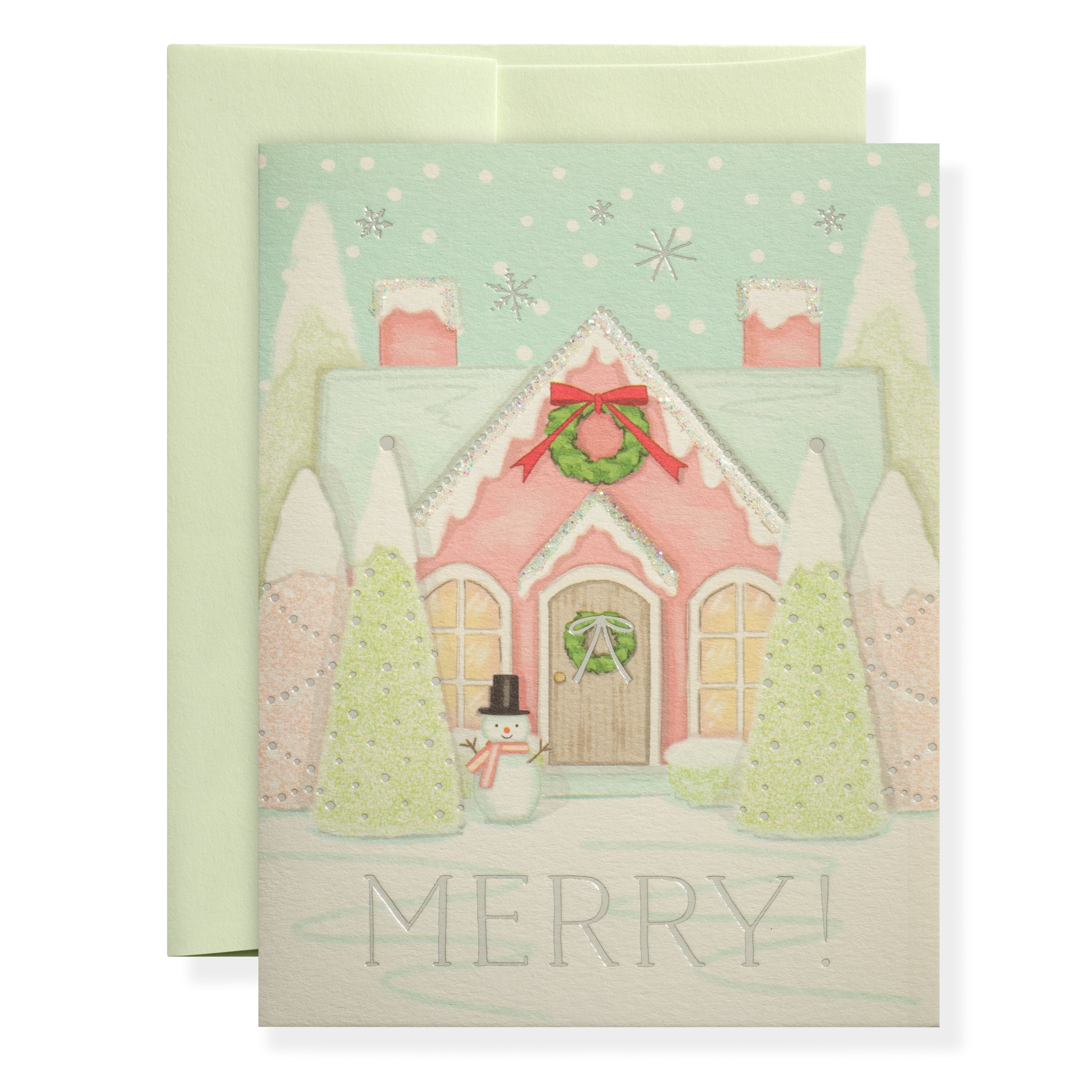 Karen Adams Designs Merry House greeting card with pastel pink cottage, snowman, and mint envelope