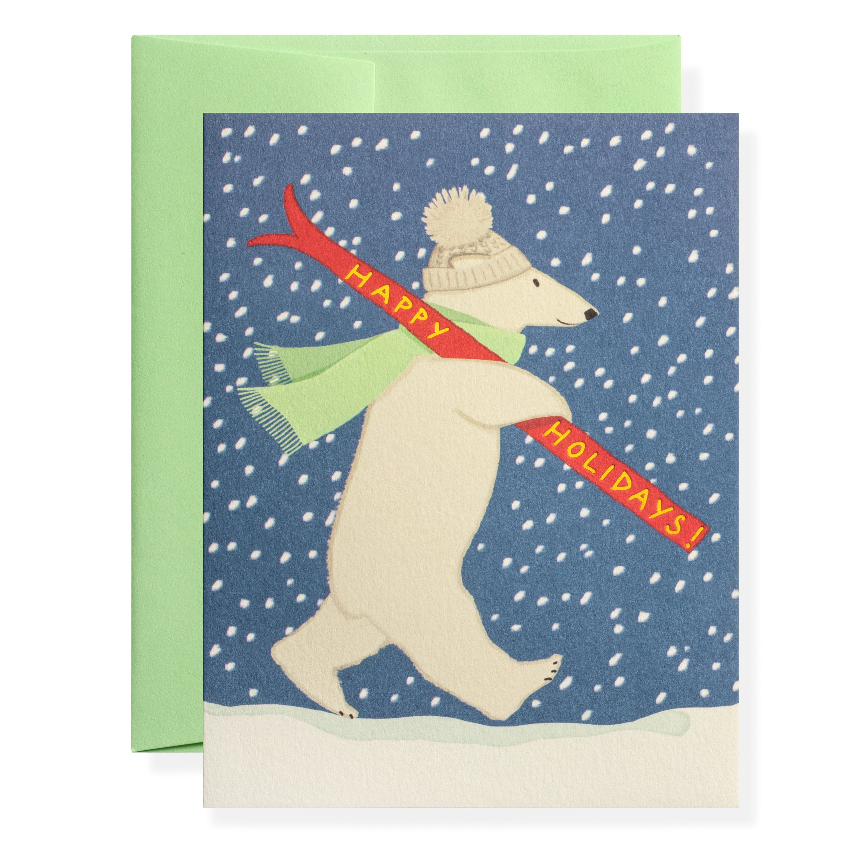 Karen Adams Designs polar bear holiday greeting card with green envelope on white background