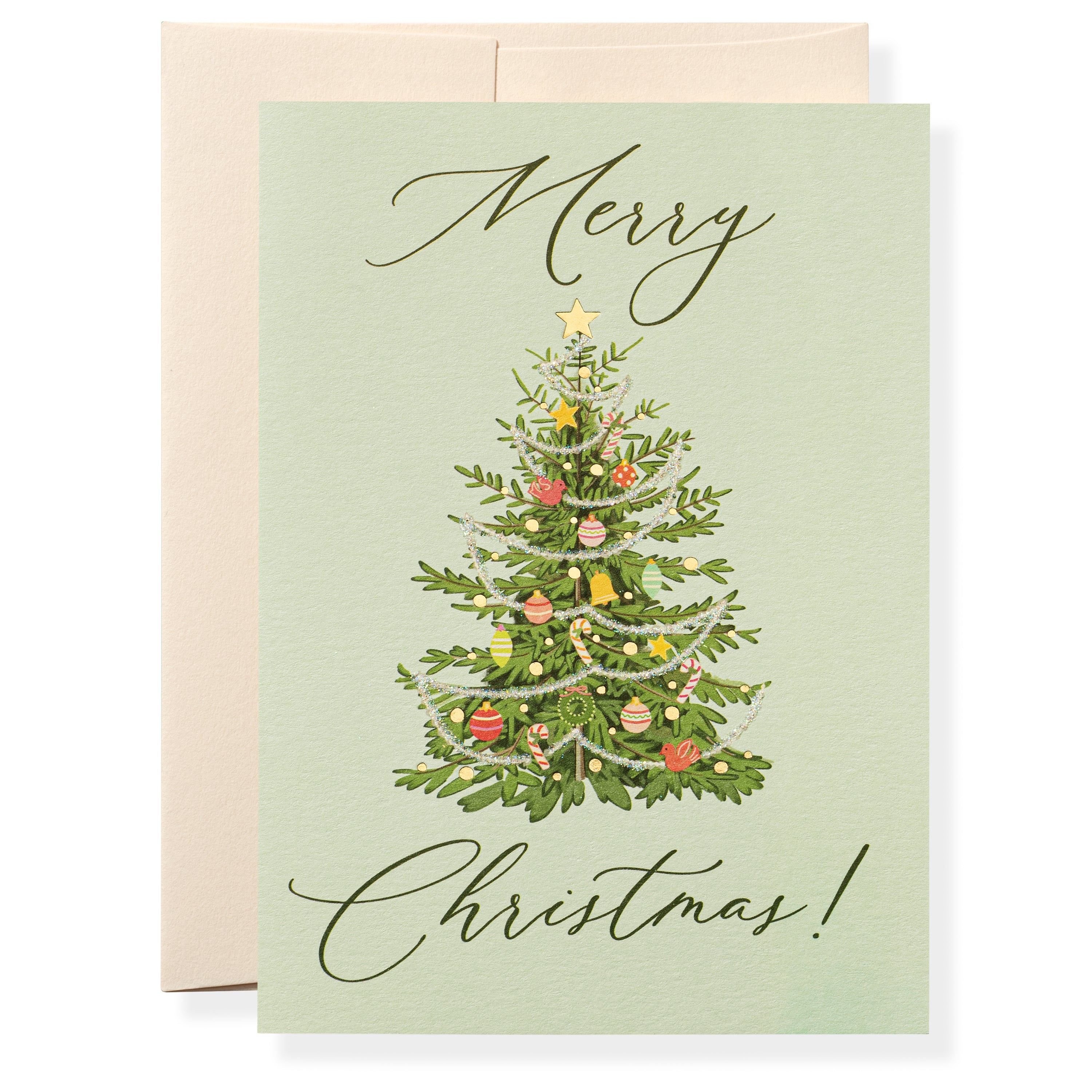 Karen Adams Designs Merry Christmas greeting card featuring illustrated decorated Christmas tree on sage green background