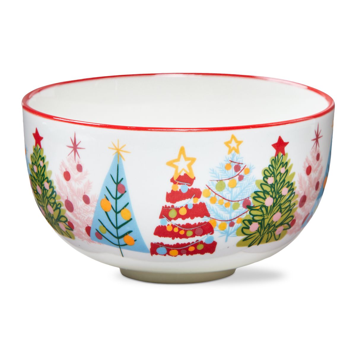 White ceramic cereal bowl with colorful Christmas trees and red rim by TAG