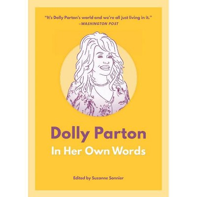 Dolly Parton In Her Own Words book cover with yellow background and illustrated portrait
