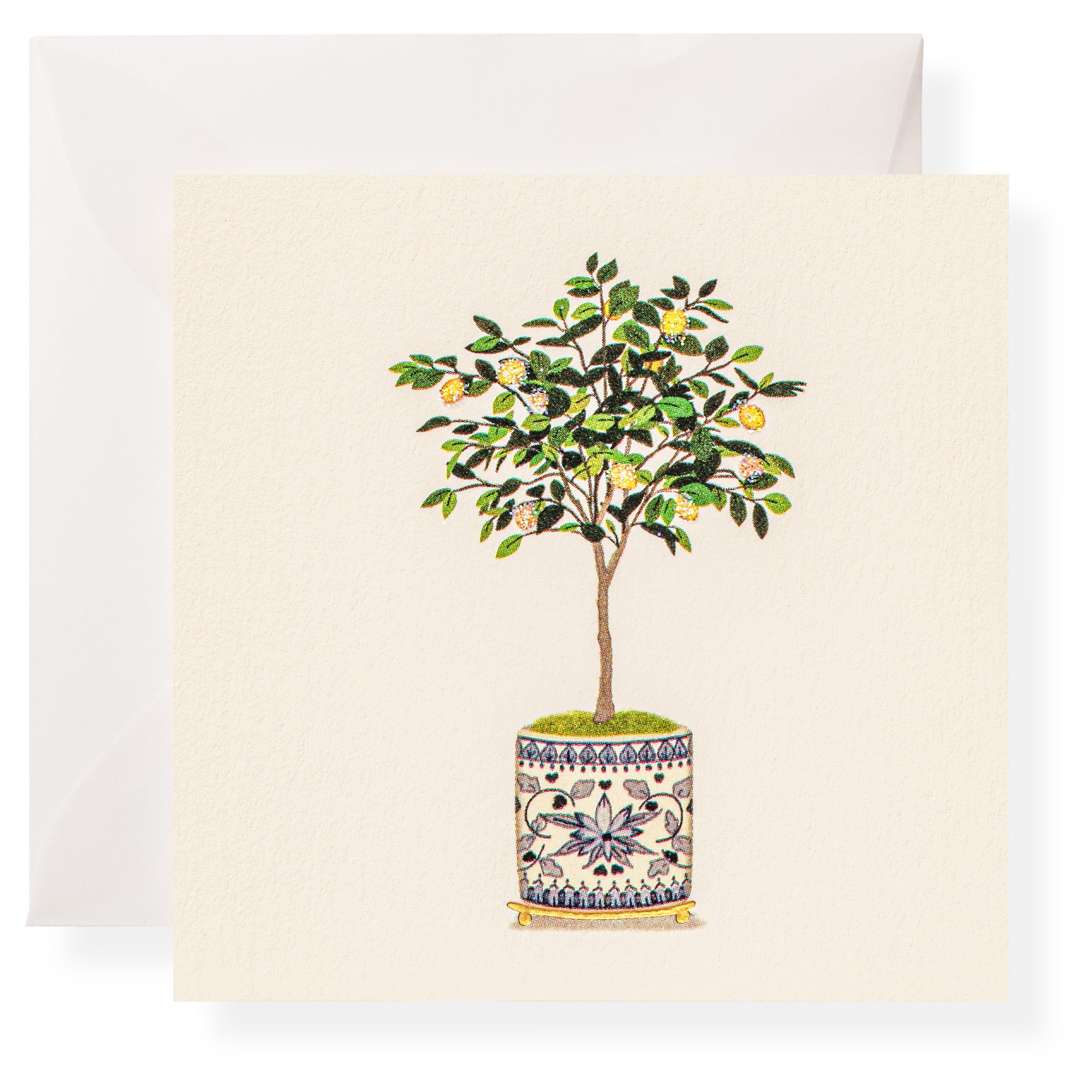 Karen Adams Designs lemon tree gift enclosure card with decorative ceramic pot illustration on cream background