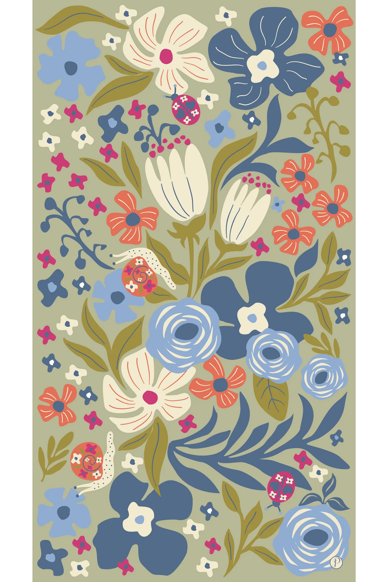 Print Scarf - Garden Friends in Wild Flowers, Green