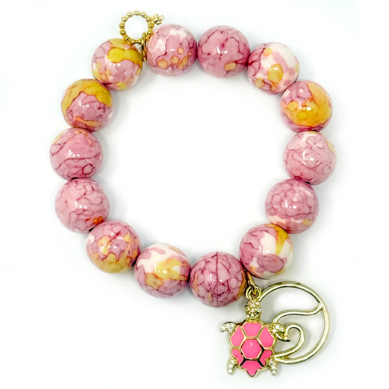 14mm Pink and Orange Watercolor Agate w/ Pink Turtle & Gold Wave