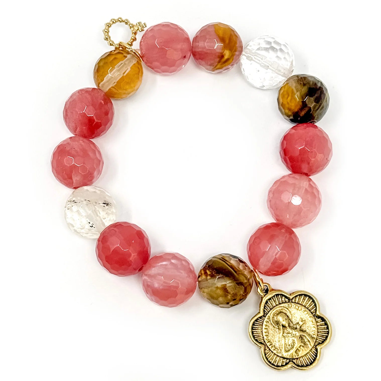 14mm Faceted Cherry Quartz w/ Gold Scalloped St. Therese