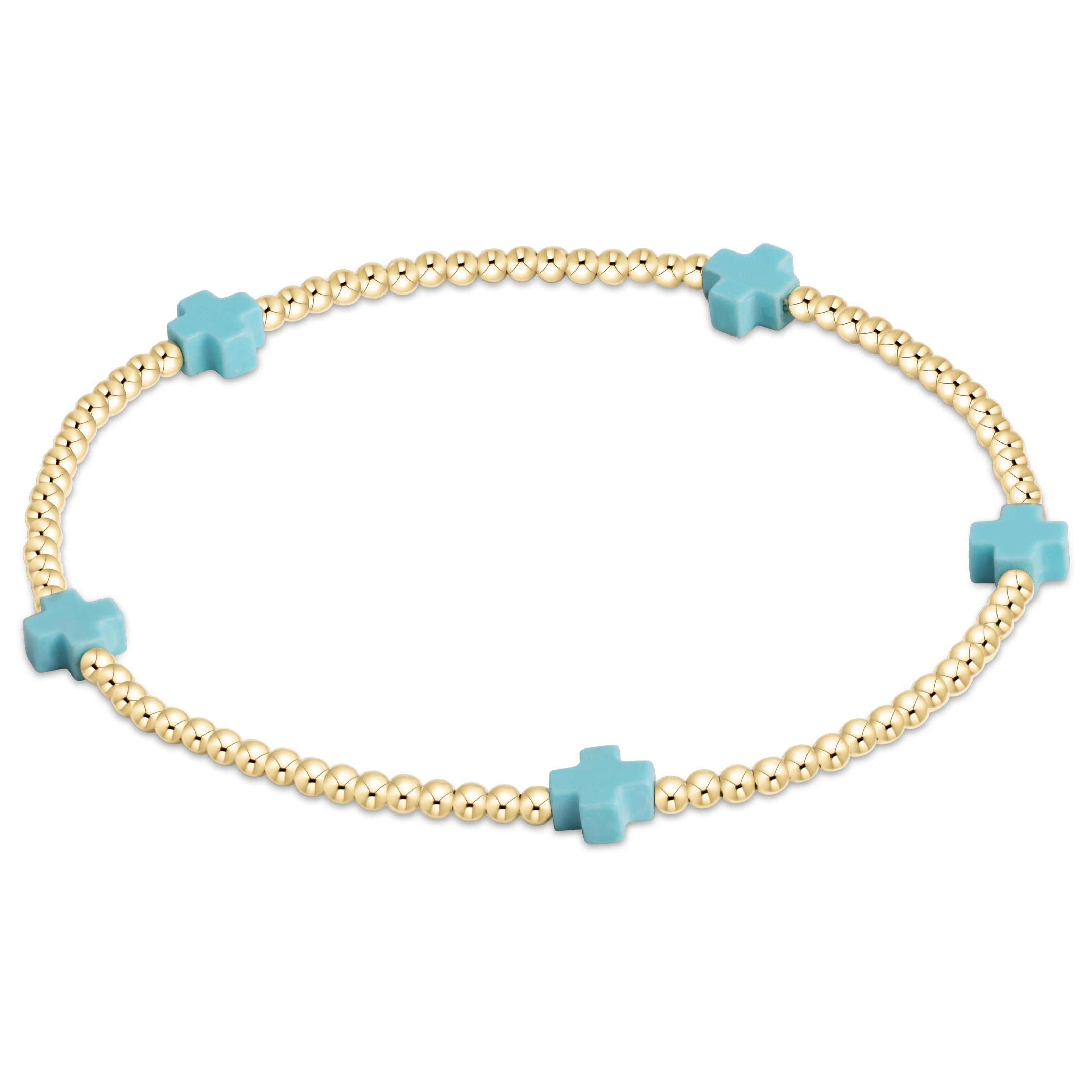egirl Signature Cross Small Gold pattern 2mm Bead Bracelet - Turquoise