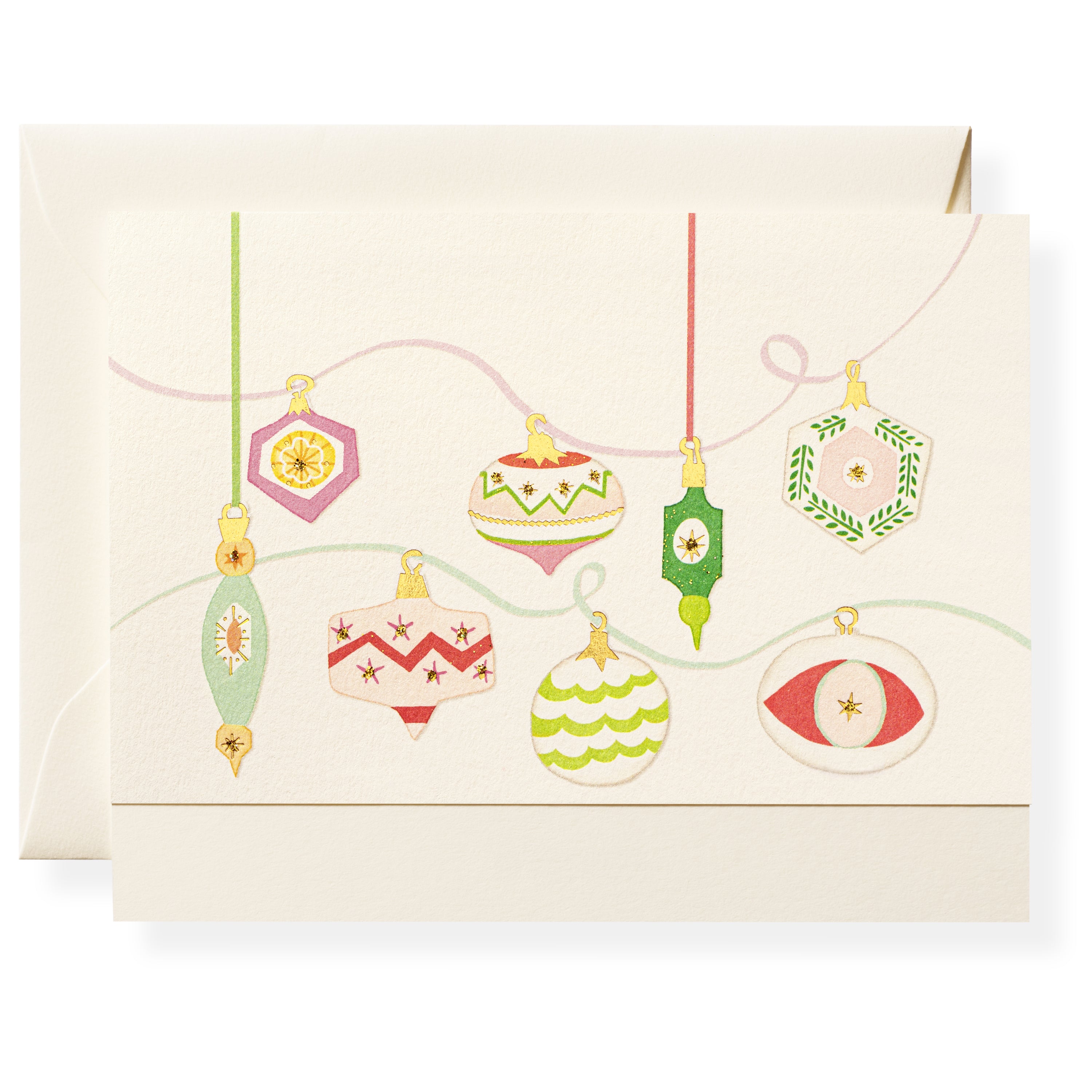 Karen Adams Designs holiday note card featuring illustrated Christmas ornaments in pastel colors with envelope