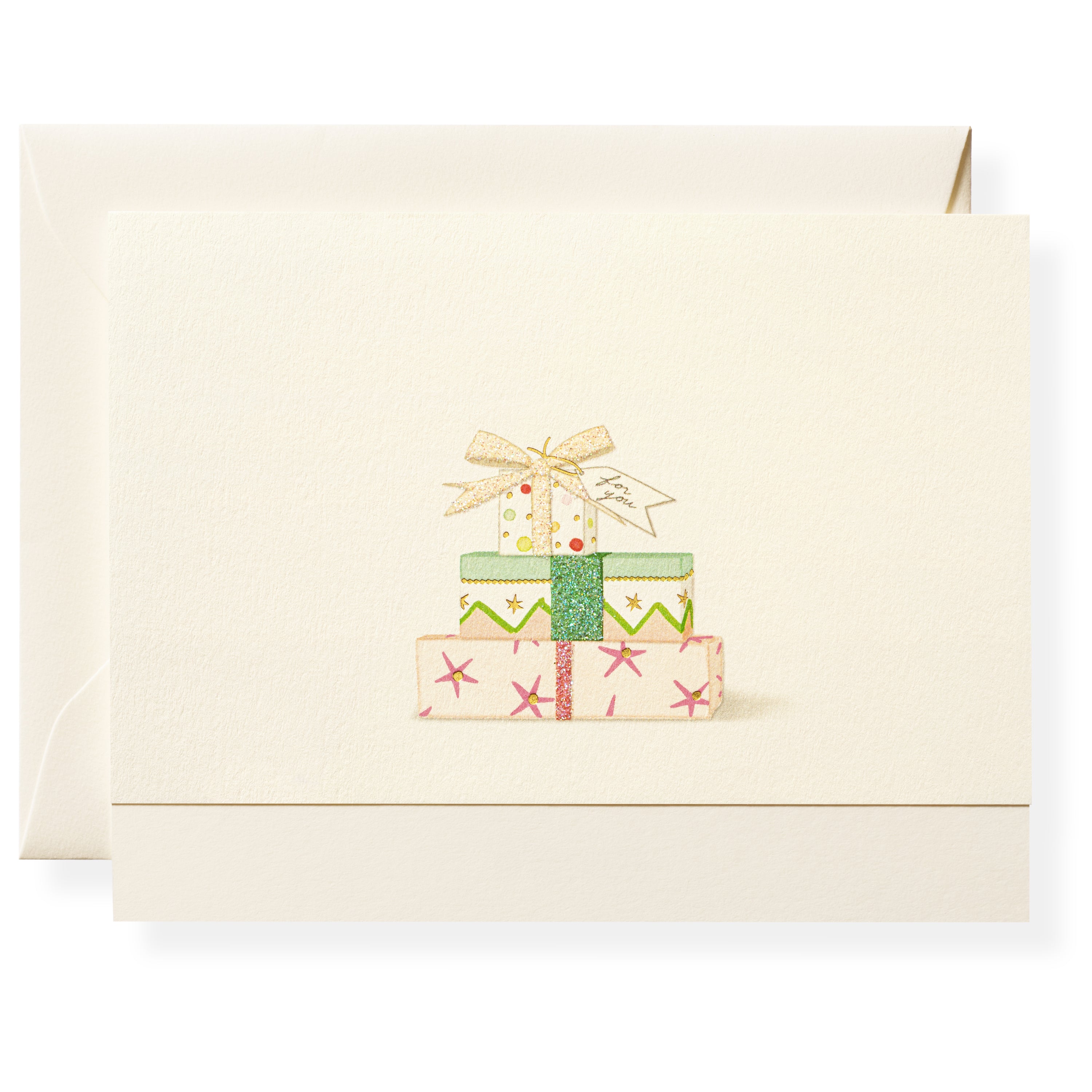 Karen Adams Designs note card featuring stacked gift boxes with glitter bow on cream background