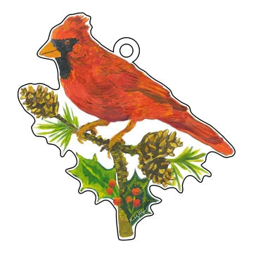 CARDINAL WITH PINE CONES-ACRYLIC ORNAMENT