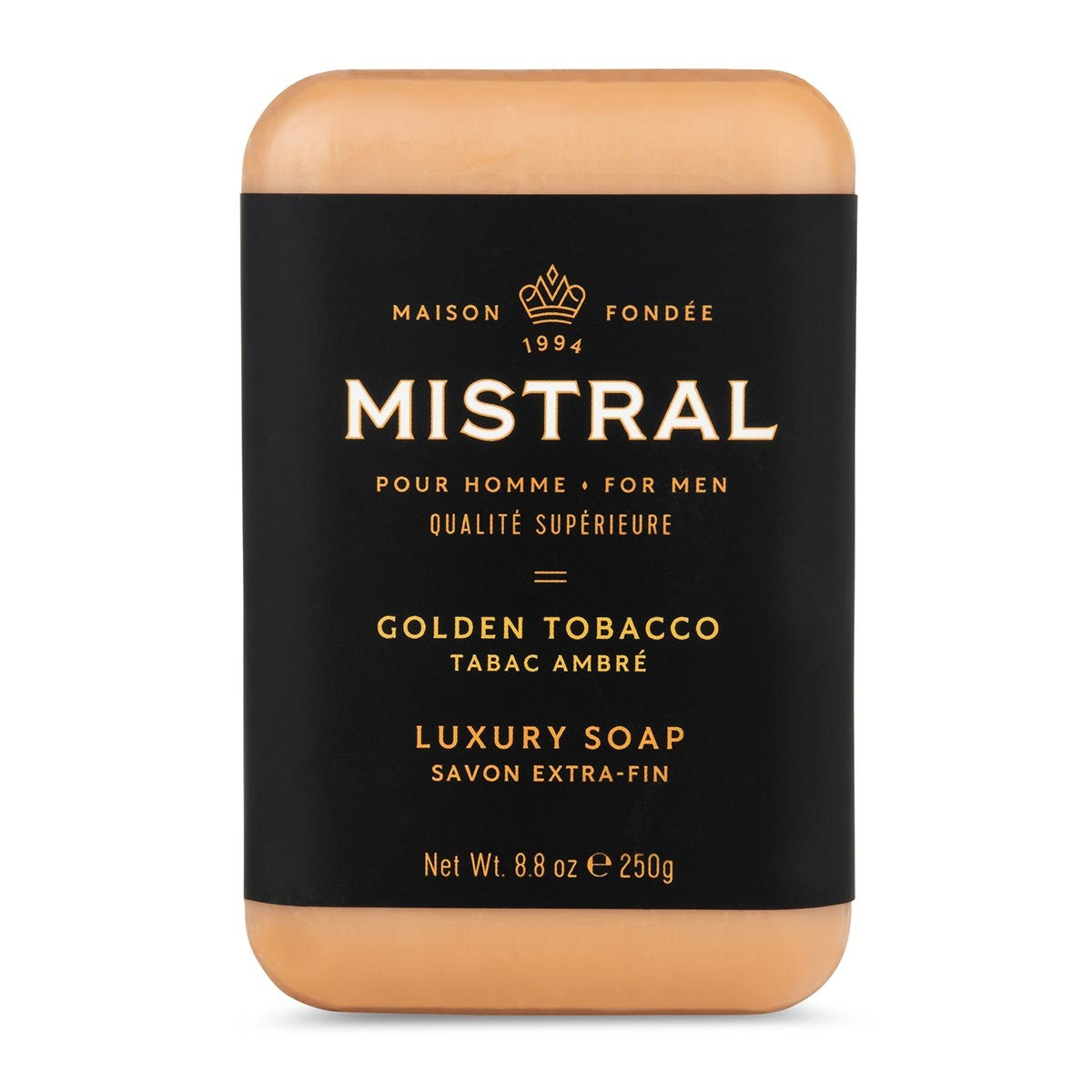 Mistral Golden Tobacco luxury bar soap for men, 8.8 oz, with black label packaging