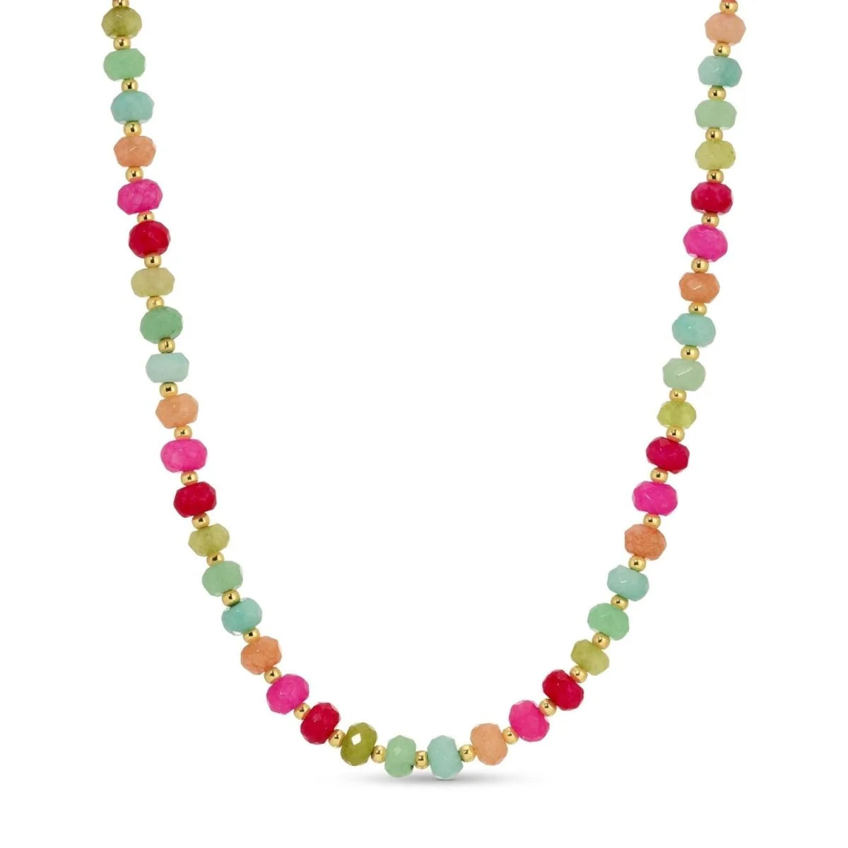 Necklace - Multi Color Stones w/Bead Accents Fuschia/Blue/Peach - Gold