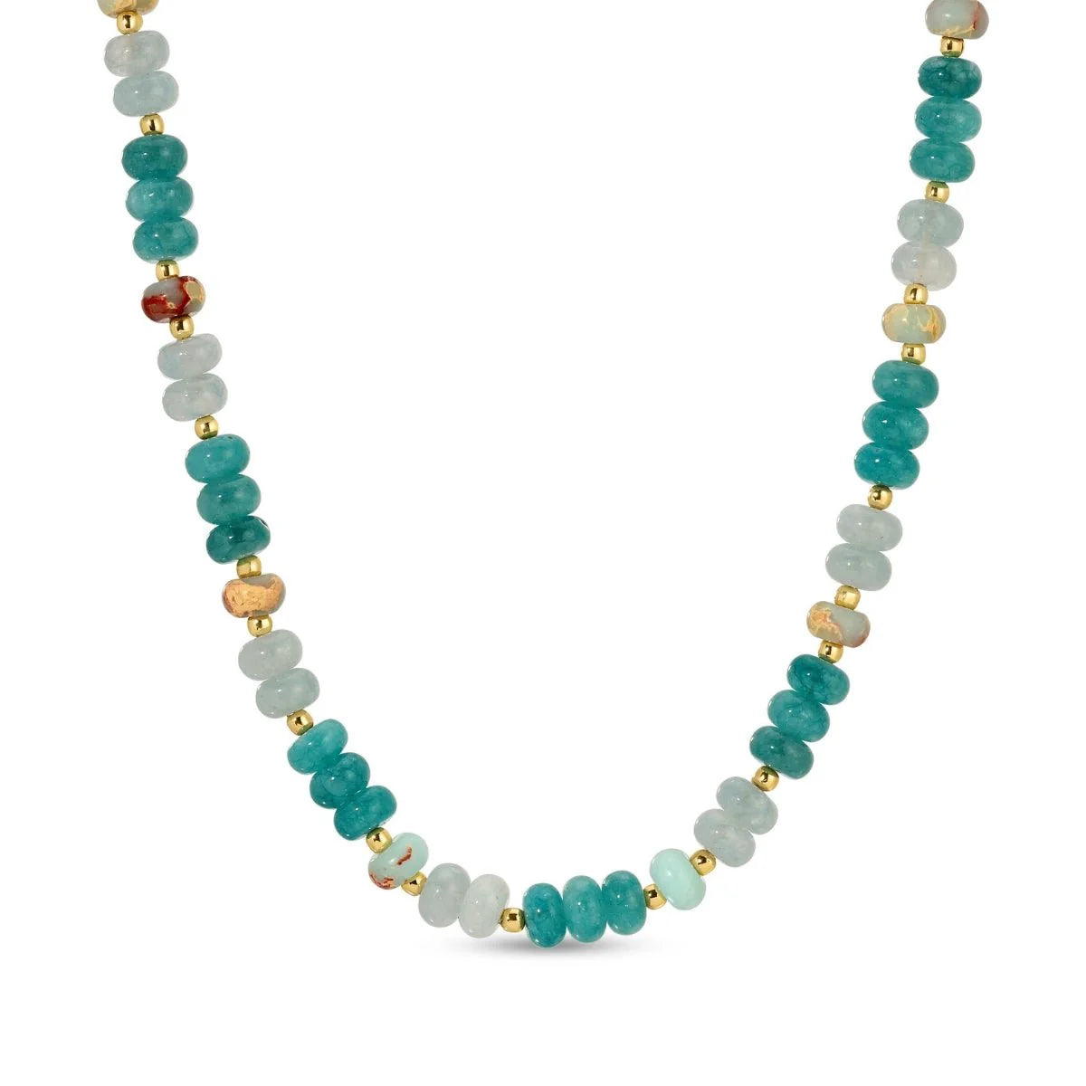 Necklace - Multi Color Stones w/Bead Accents Blue Tones - Gold