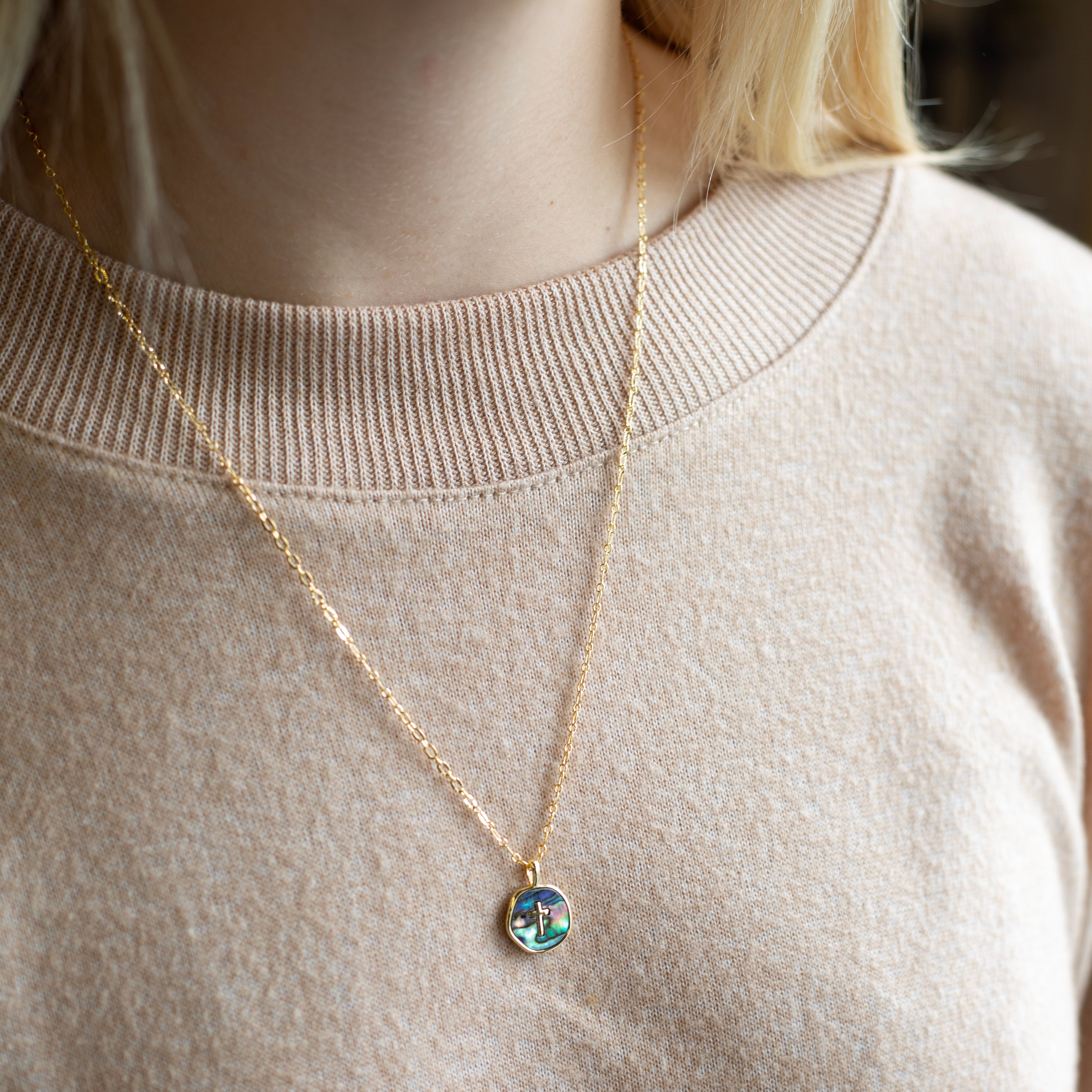 Faith Over Fear Necklace - Abalone Cross 20"-22"