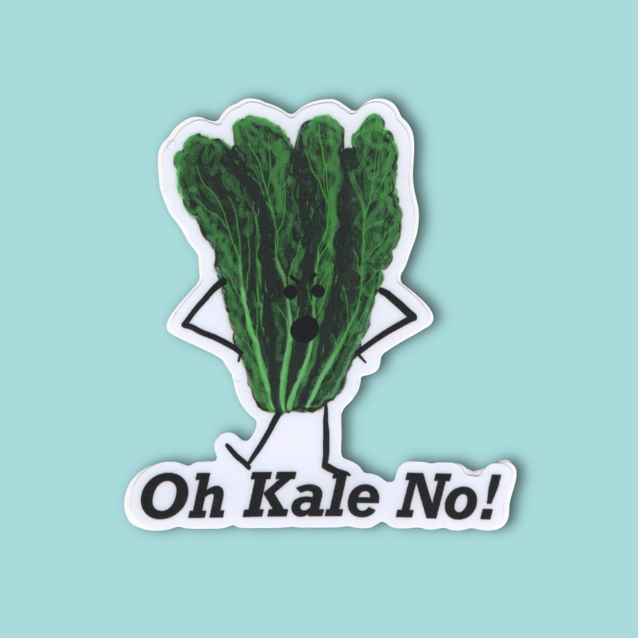 Oh Kale No humorous kale character sticker with bold text on light blue background
