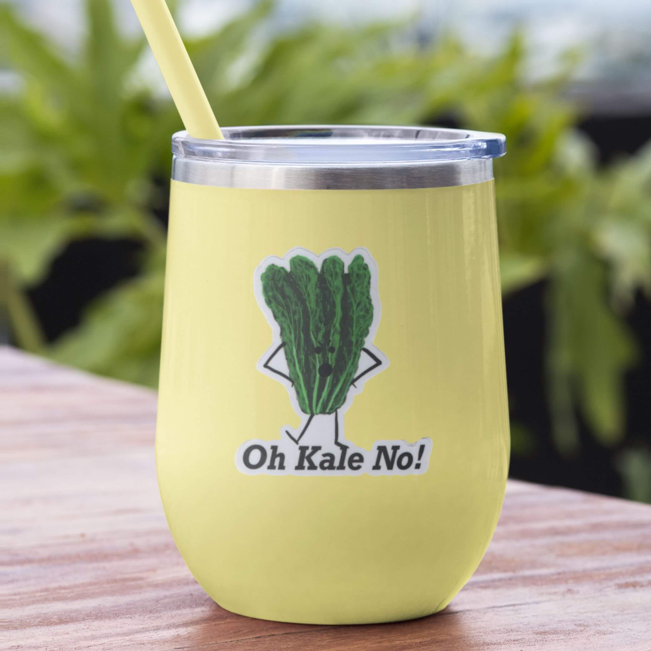 Oh Kale No sticker featuring a cartoon kale character with arms crossed on a yellow tumbler