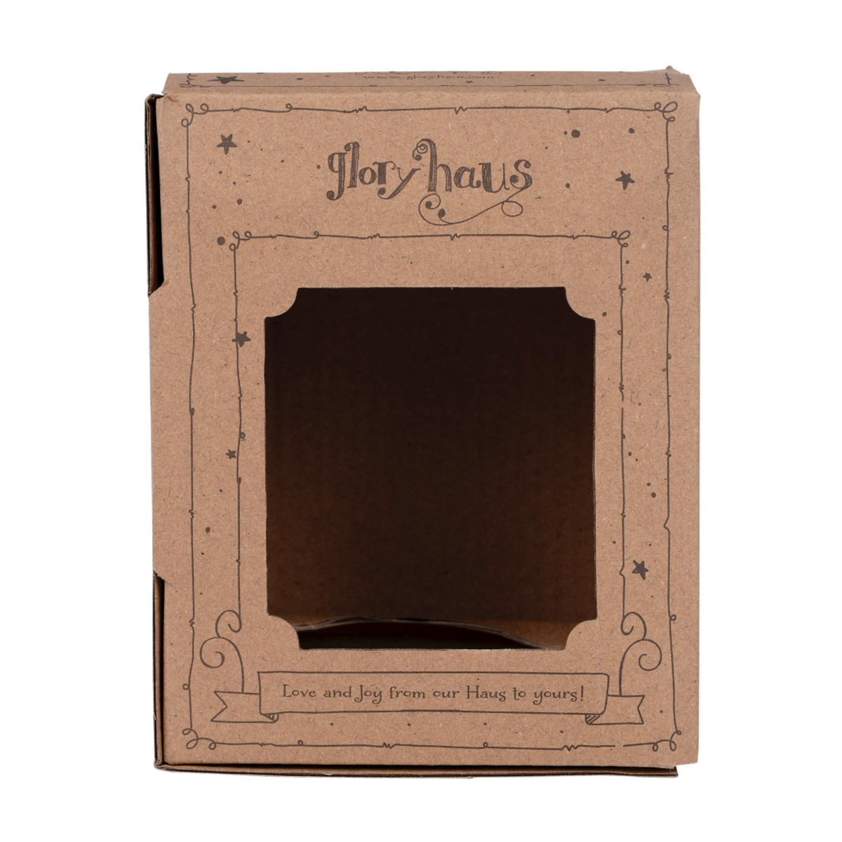 Glory Haus branded kraft brown gift box with decorative window cutout for Santa ornament