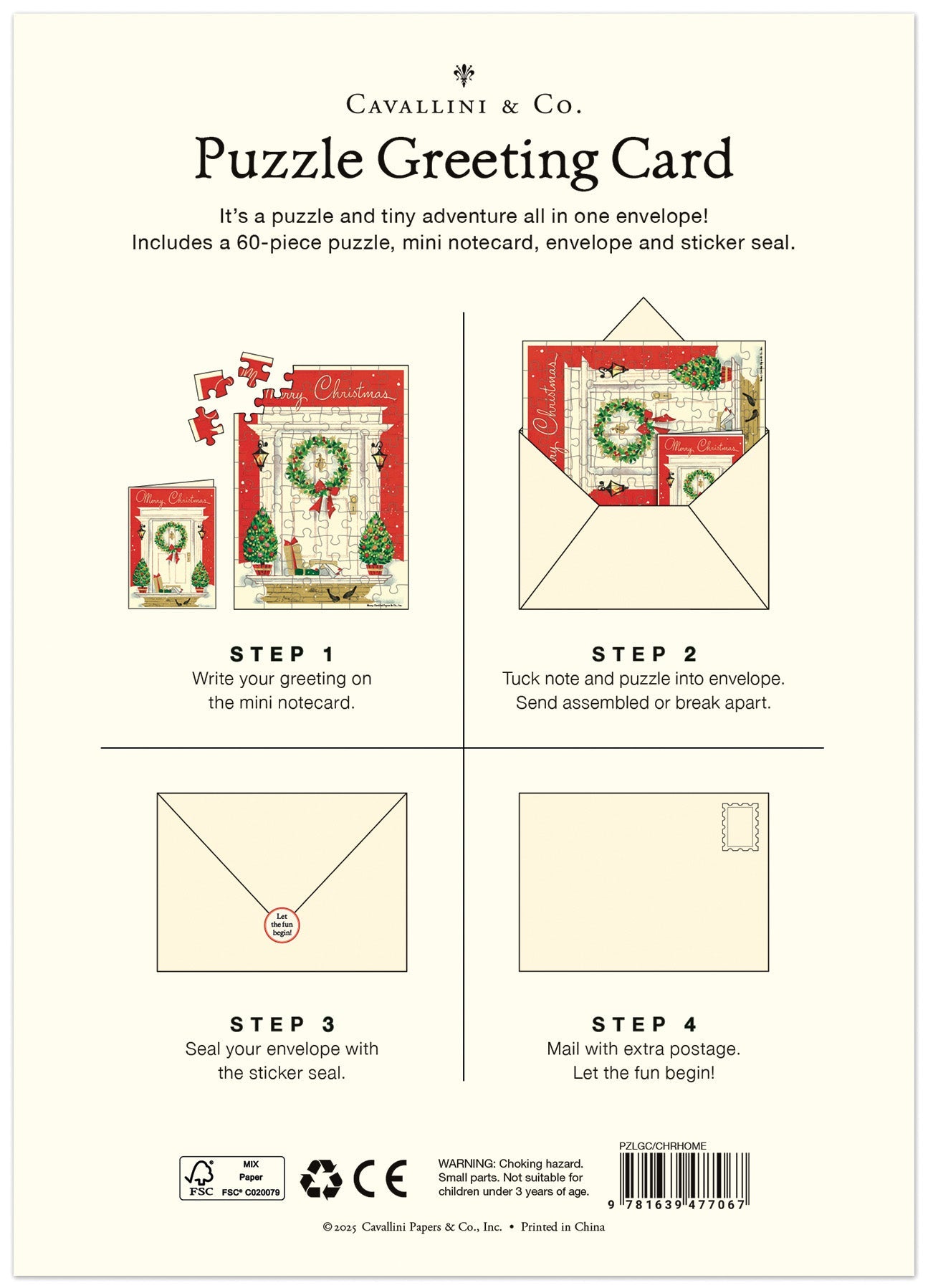 Back of Cavallini Merry Christmas Home Puzzle Greeting Card showing four-step instructions
