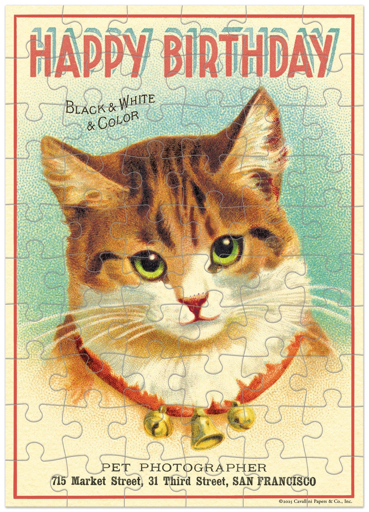 Cavallini Happy Birthday Cat puzzle greeting card featuring vintage tabby cat illustration with bells