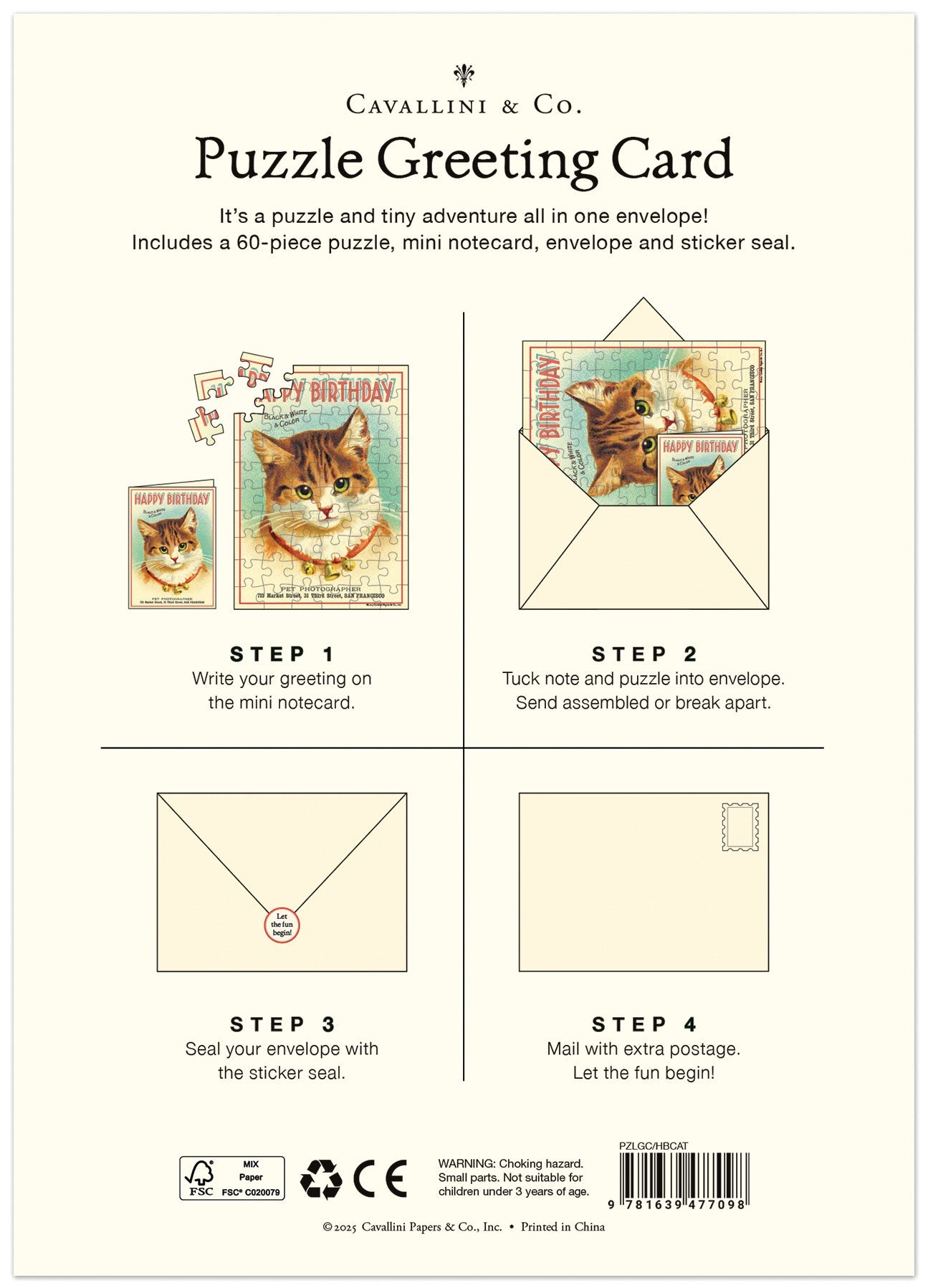 Back of Cavallini Happy Birthday Cat Puzzle Greeting Card showing four-step instructions for use