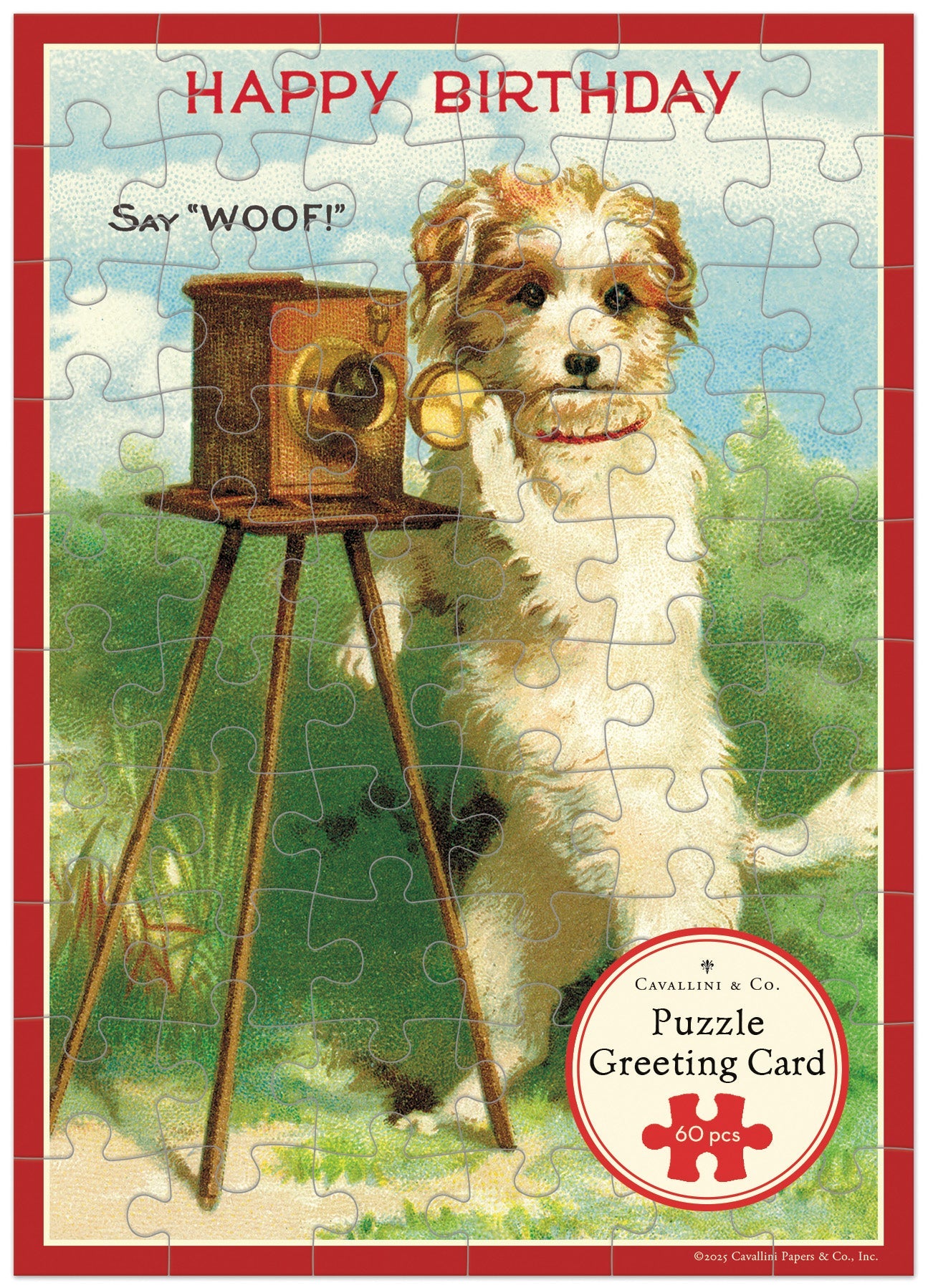 Cavallini Happy Birthday dog puzzle greeting card with vintage puppy and camera, 60 pieces