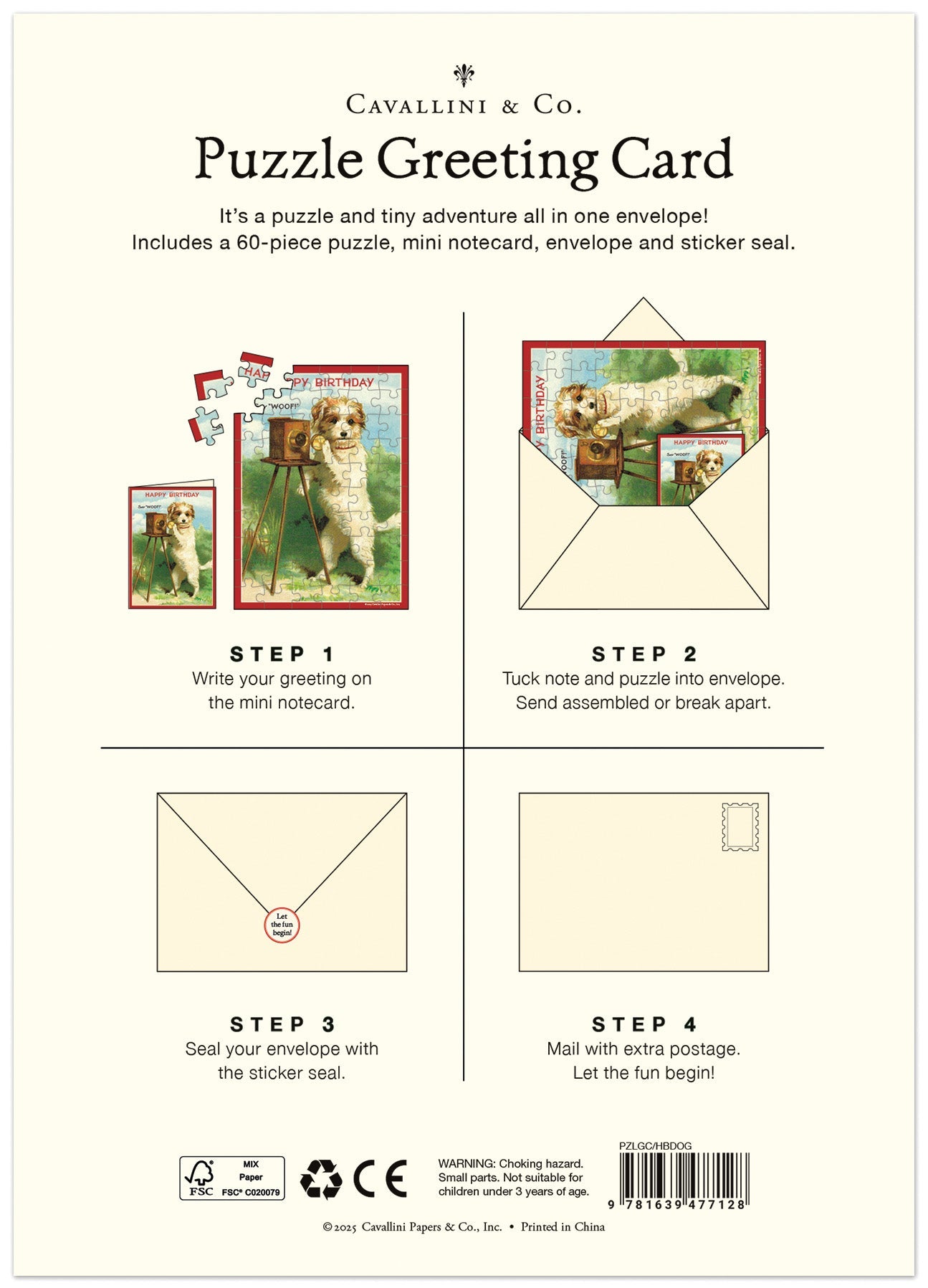Back of Cavallini Happy Birthday Dog Puzzle Greeting Card showing four-step usage instructions