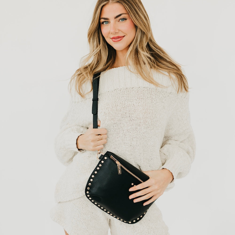 PEBBLE SABRINA STUDDED BUM BAG-BLACK