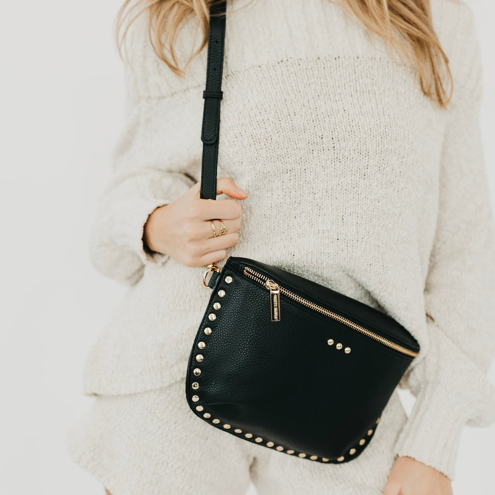 PEBBLE SABRINA STUDDED BUM BAG-BLACK