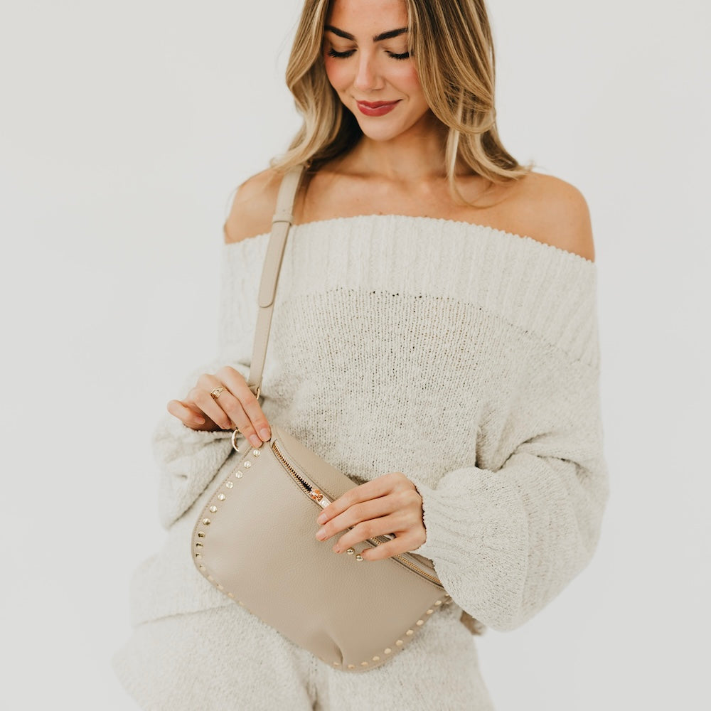 PEBBLE SABRINA STUDDED BUM BAG-TAUPE