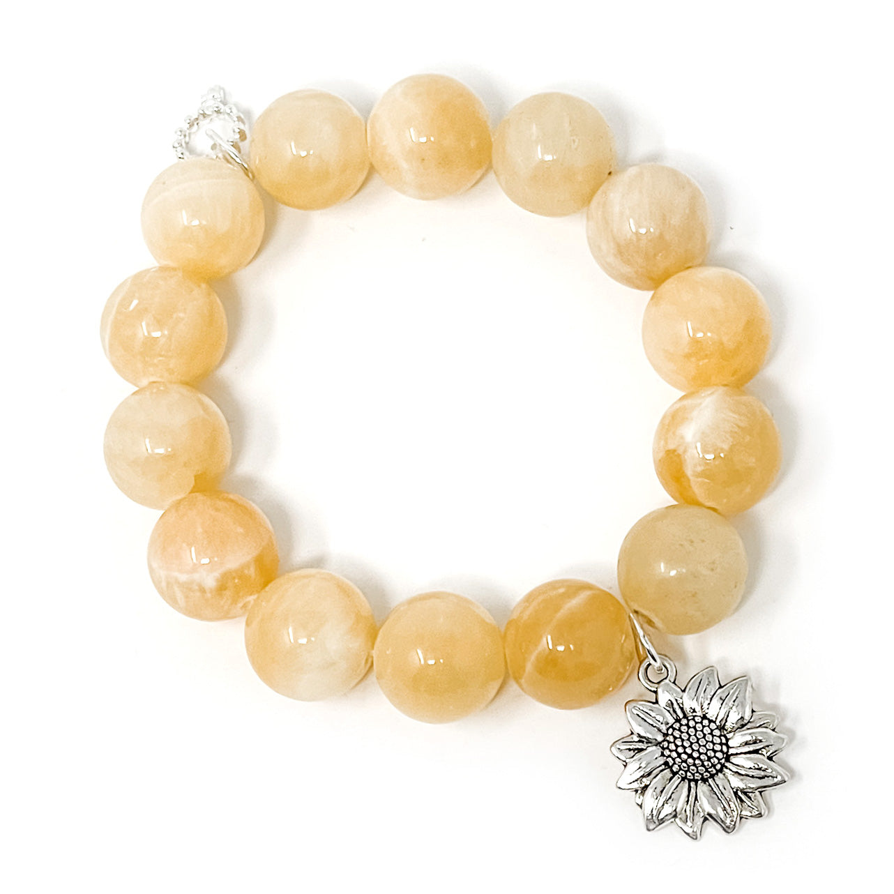 14mm Honeysuckle Agate Bracelet w/Silver Sunflower