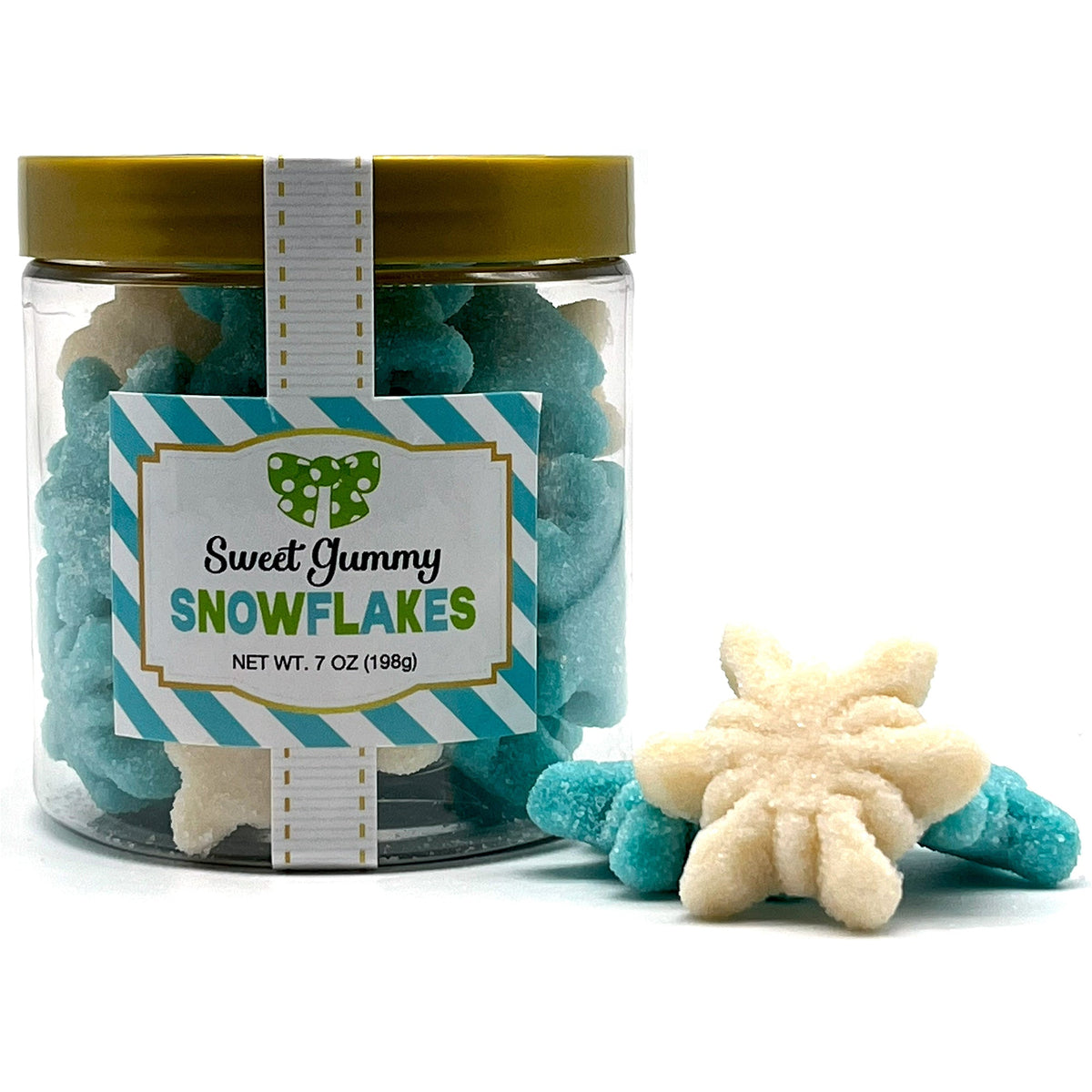 Clear jar of Sweet Gummy Snowflakes candy in blue and white sanded gummy shapes, 7oz
