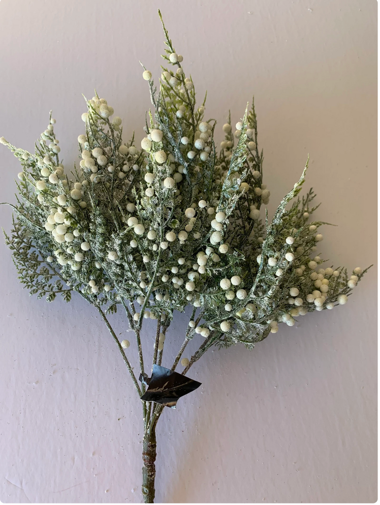 13" Glittered Snowy Fern Bush w/Mini White Berries