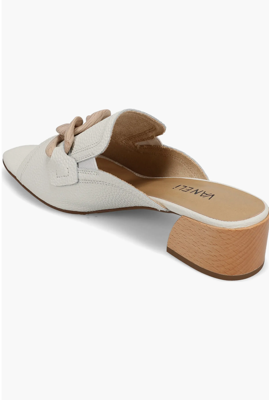VANELI Cannia Calf white leather mule with wooden block heel, back view