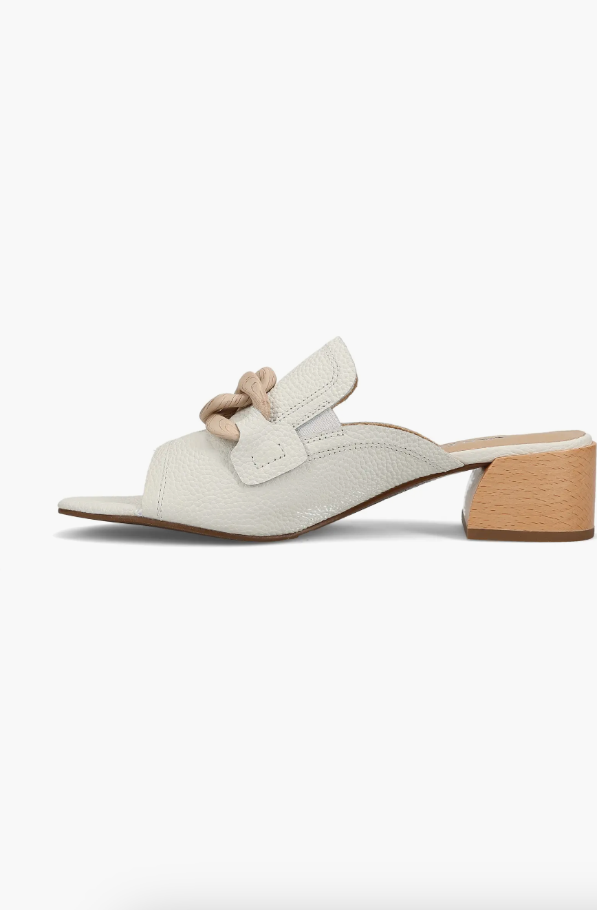 VANELI Cannia Calf white leather mule with chain detail and wooden block heel