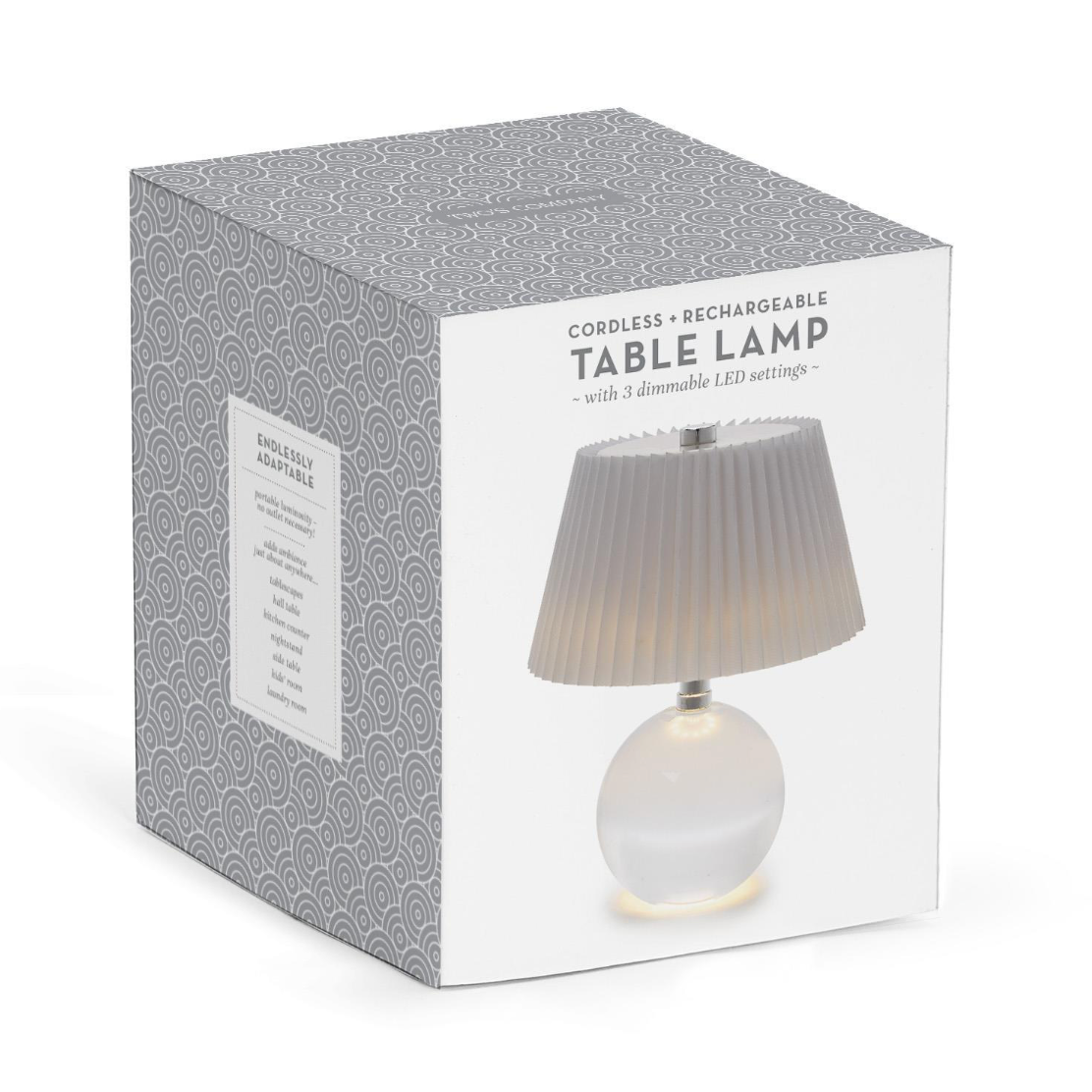 CRYSTAL LED CORDLESS GLASS TABLE LAMP WHITE PLEATED SHADE