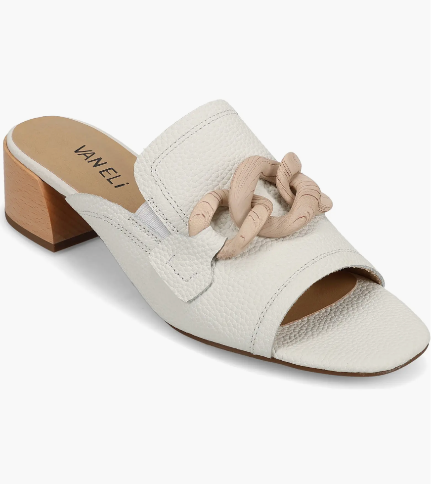 VanEli Cannia white leather block heel mule sandal with beige chain ornament detail
