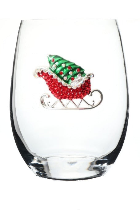 Red Christmas Sleigh Stemless Wine Glass