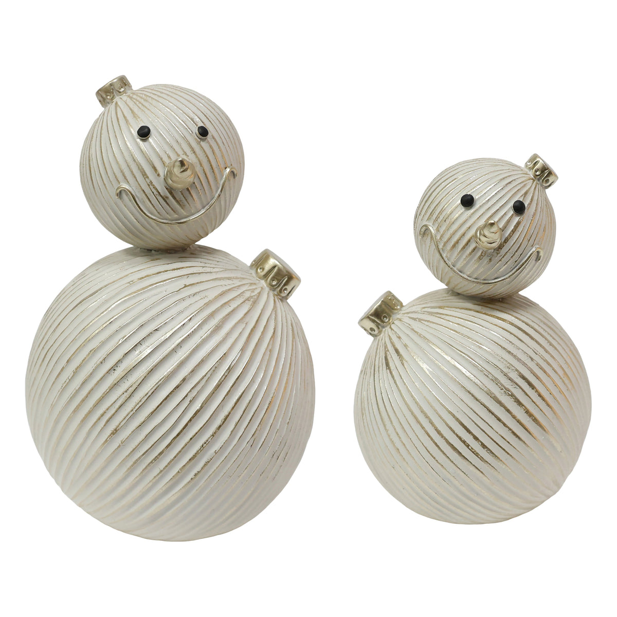 Set of two resin metallic striped snowmen figurines in white and gold tones