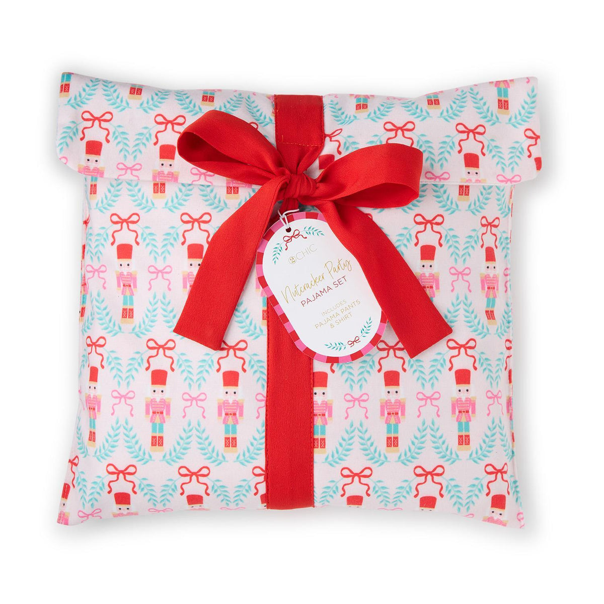 Nutcracker Party pajama set packaged as gift bundle with red bow by Two Chic