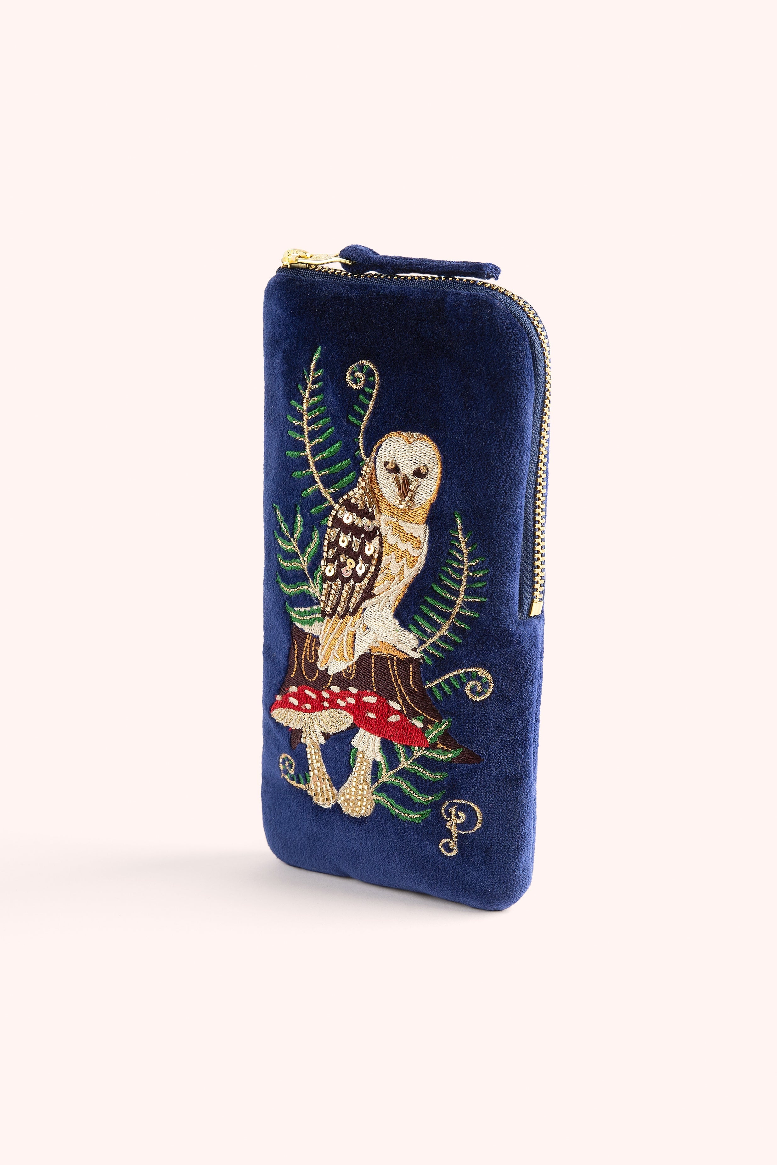 VELVET EMBROIDERED SUNGLASSES POUCH-WOODLAND OWL