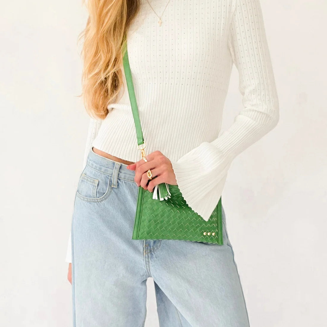 VEDA WOVEN CROSSBODY & CLUTCH BAG-EMERALD