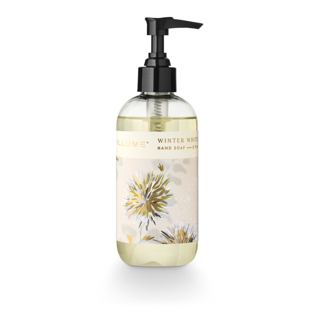 Illume Winter White liquid hand soap in clear pump bottle with floral label, 8 fl oz