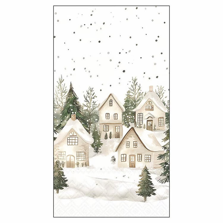 Watercolor guest towel featuring snow-covered houses and evergreen trees in a winter village scene