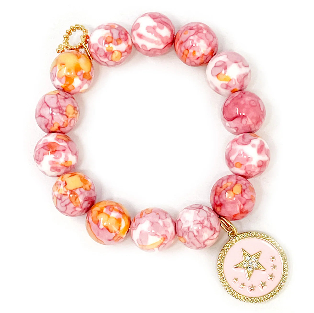 14mm Pink & Yellow Watercolor Agate Bracelet w/Pink Enameled Baby You're a Star