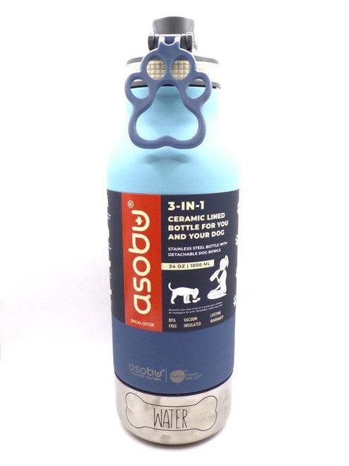 3-in-1 Ceramic-Lined Bottle w/Integrated Dog Dish - Pastel Blue