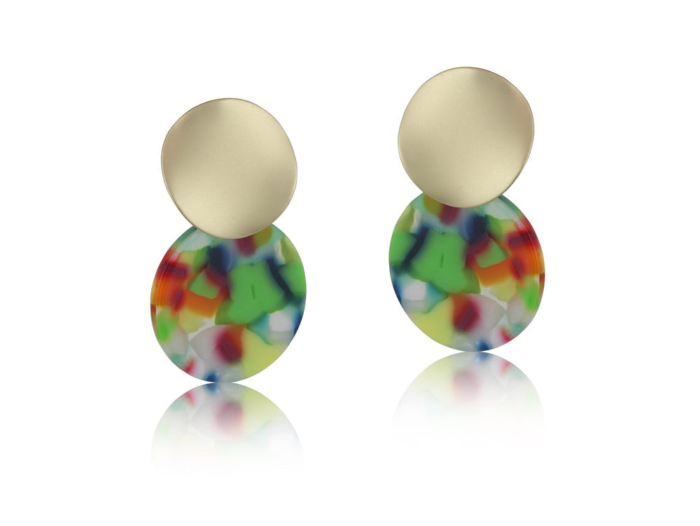 2722 Erica Metal & Resin Disc Earrings - Green & Orange